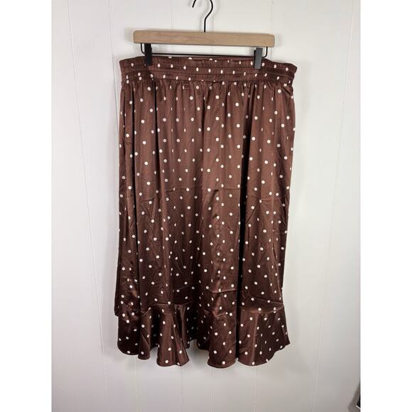 Torrid 2 2X Brown Satin Stretch Skirt White Dot Print Ruffle Slit 18-20 NEW - Picture 4 of 8